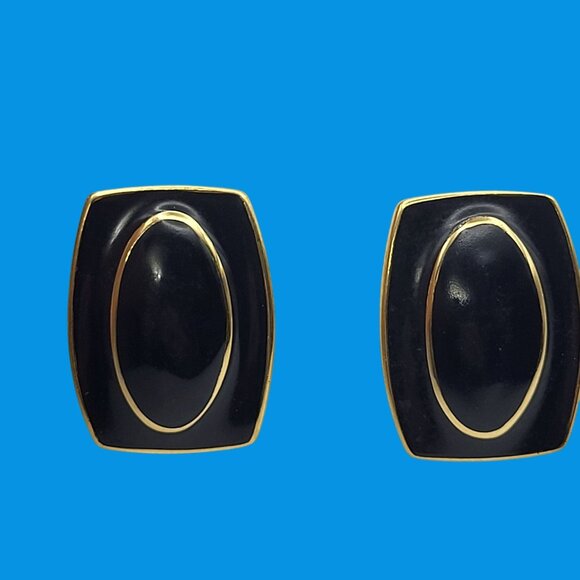 Vintage Monet Clip-On / Pierced Earrings Black & Gold Tone - Picture 1 of 10